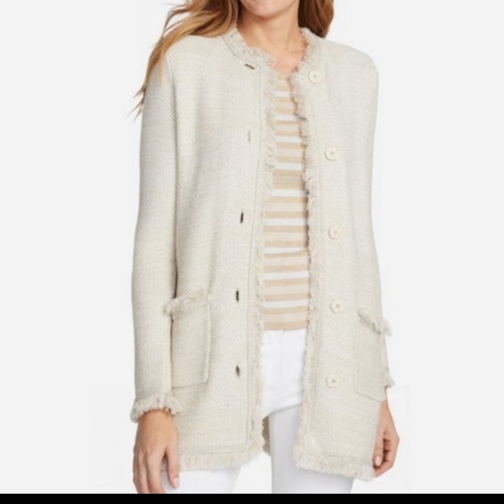 J. Mclaughlin Lexa Cardigan Sweater Fringe Pockets in Beige Cream XL